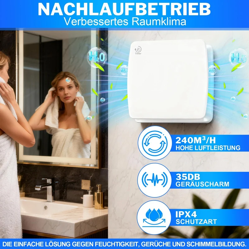 Effizienter Abluftventilator 240 m³/h mit einstellbarer Nachlaufzeit – Ideal für Bad, Küche und Keller