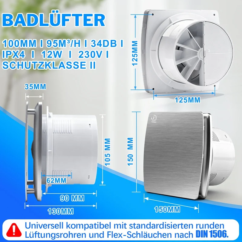 Badlüfter 150mm mit Feuchtesensor & Nachlauftimer, 95 m³/h leiser Abluftventilator IPX4 mit Rückstauklappe gegen Feuchtigkeit & Schimmel