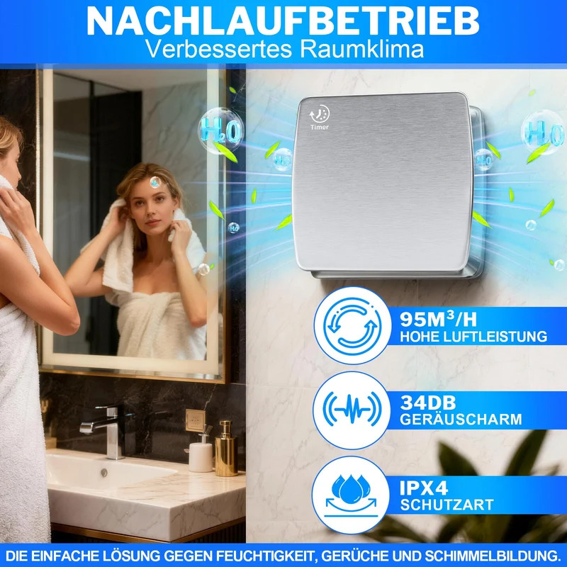 Badlüfter 150mm mit Feuchtesensor & Nachlauftimer, 95 m³/h leiser Abluftventilator IPX4 mit Rückstauklappe gegen Feuchtigkeit & Schimmel