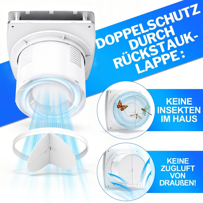 Badlüfter 150mm mit Feuchtesensor & Nachlauftimer, 95 m³/h leiser Abluftventilator IPX4 mit Rückstauklappe gegen Feuchtigkeit & Schimmel