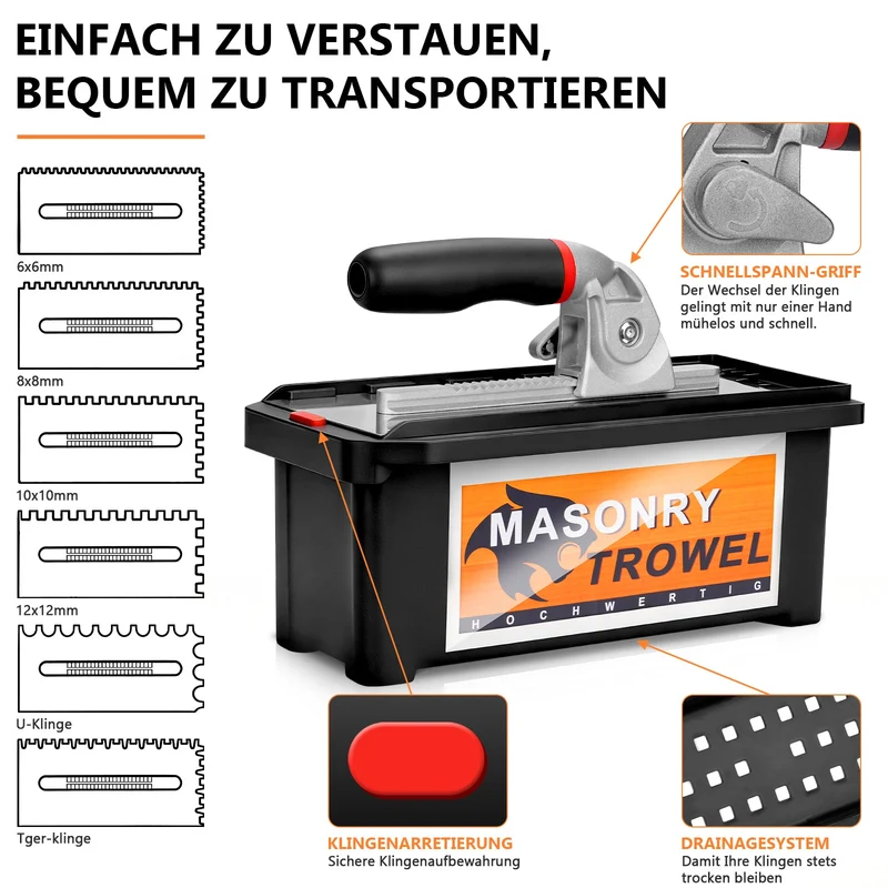 Zahnglättekelle Set – 6 austauschbare Klingen, ergonomischer Griff, ideal für Fliesen, Naturstein, Beton & Bodenbeläge