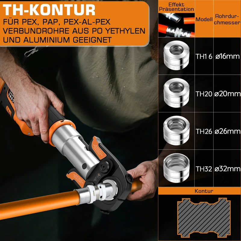 Akku-Presszange elektrohydraulisch – automatische Druckkontrolle, TH & V Pressbacken