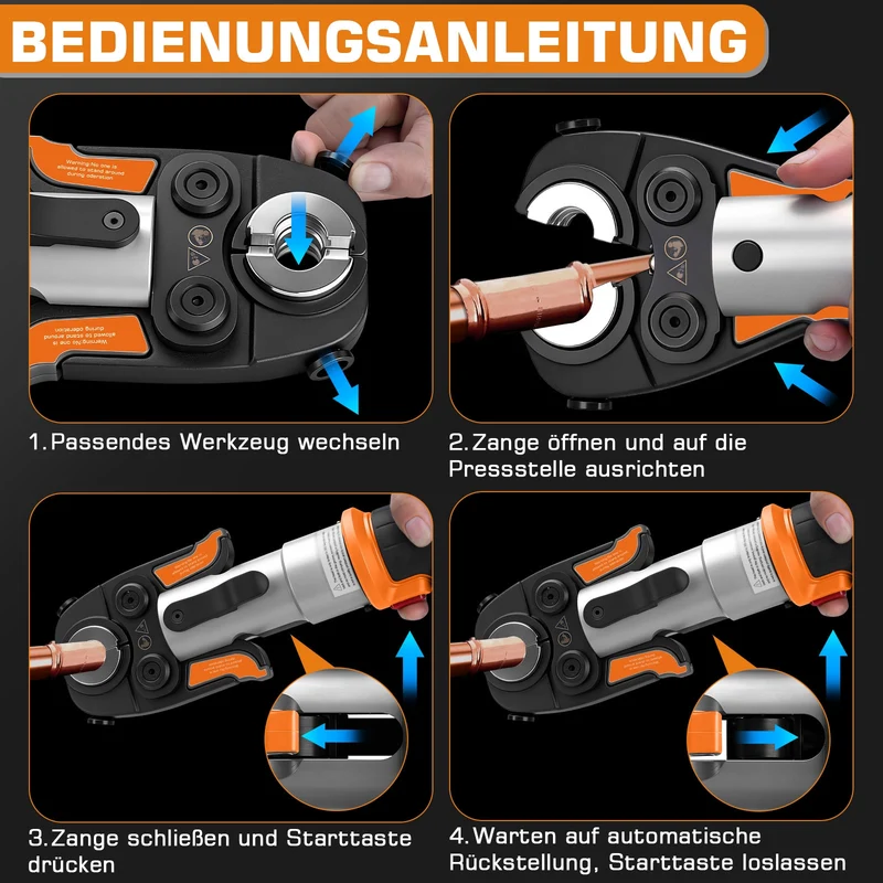 Akku-Presszange elektrohydraulisch – automatische Druckkontrolle, TH & V Pressbacken