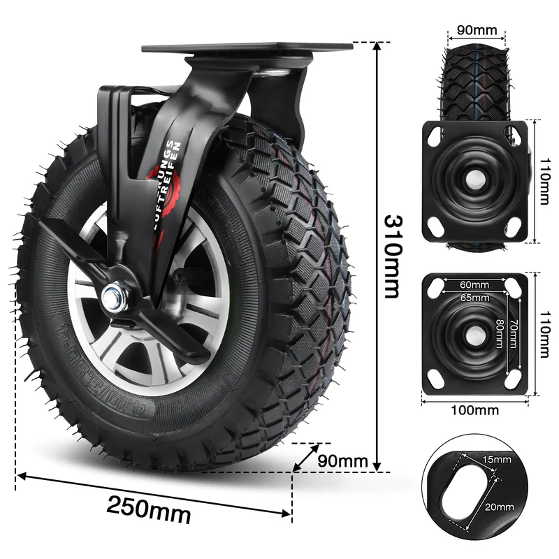 10" Universelle Schwerlastrolle 250 mm – 360° drehbar, Luftreifen, 170 kg Tragkraft, für Werkstatt & Transportwagen