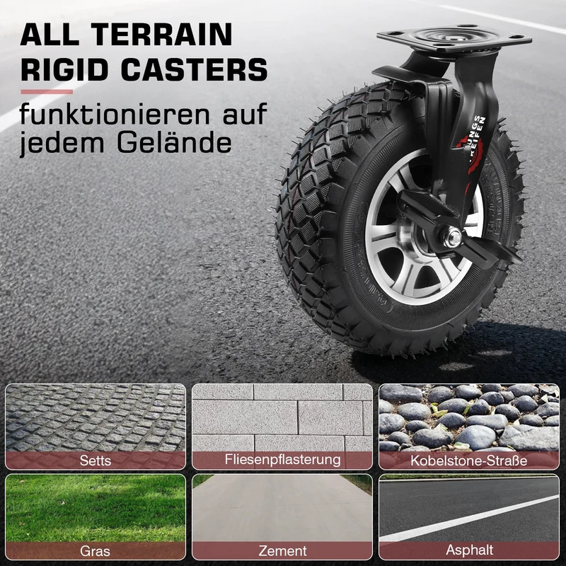 10" Schwerlastrolle mit Bremse – 250 mm Luftreifen, Aluminium Halterung, 170 kg Tragkraft, für Werkbank & Gerätewagen