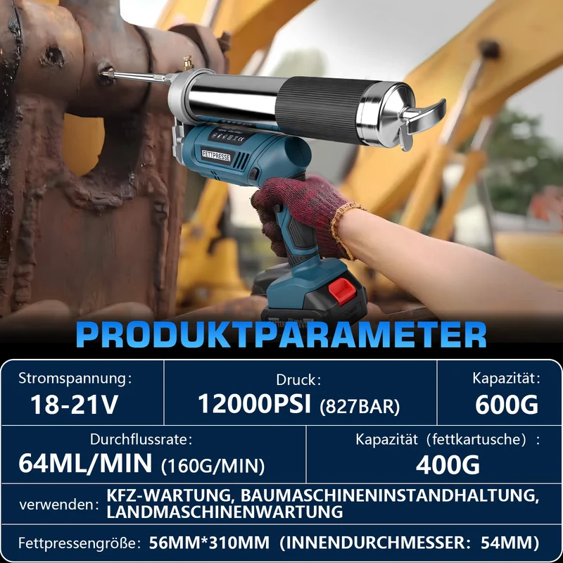 Akku-Fettpresse 18-21V Hochdruck 12000 PSI mit LED, 2-in-1 Handgriff und vielseitigen Düsen für Maschinenwartung