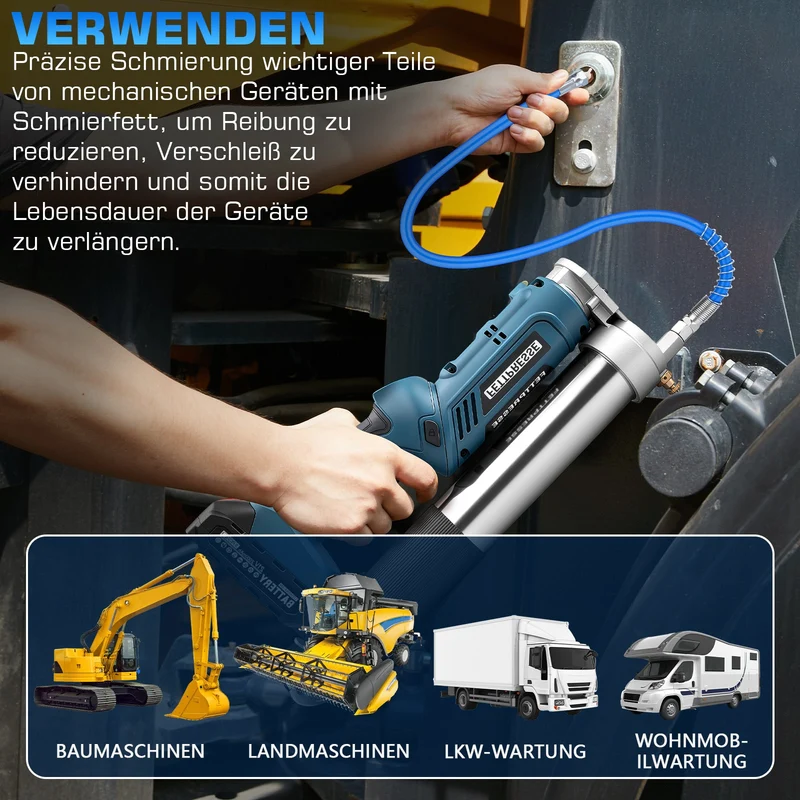 Akku-Fettpresse 18-21V Hochdruck 12000 PSI mit LED, 2-in-1 Handgriff und vielseitigen Düsen für Maschinenwartung