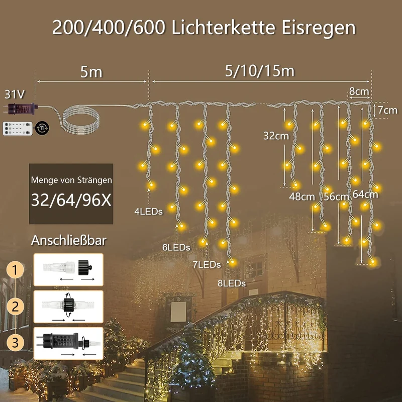 Eiszapfen Lichterkette – IP44 Wasserdicht, 11 Modi, Dimmbar, Timer & Speicherfunktion