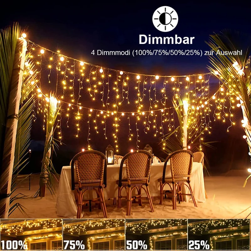 Eiszapfen Lichterkette – IP44 Wasserdicht, 11 Modi, Dimmbar, Timer & Speicherfunktion