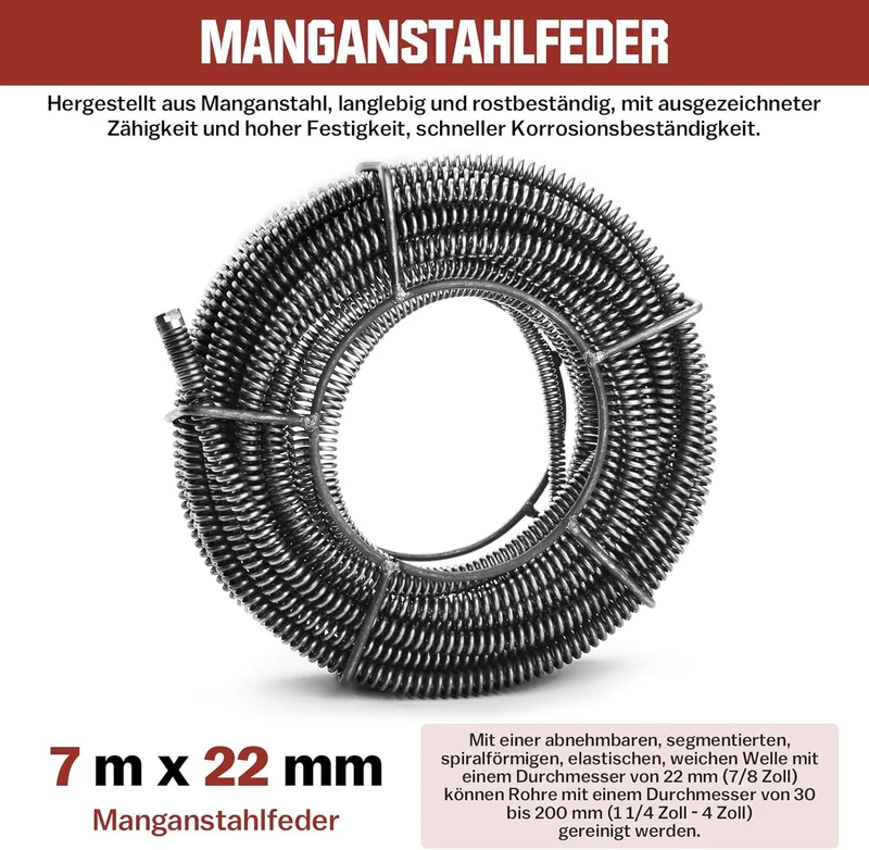 Ø 22 mm + 7 m Federspirale für Rohrbreite 30 bis 200 mm für Rohrreiniger