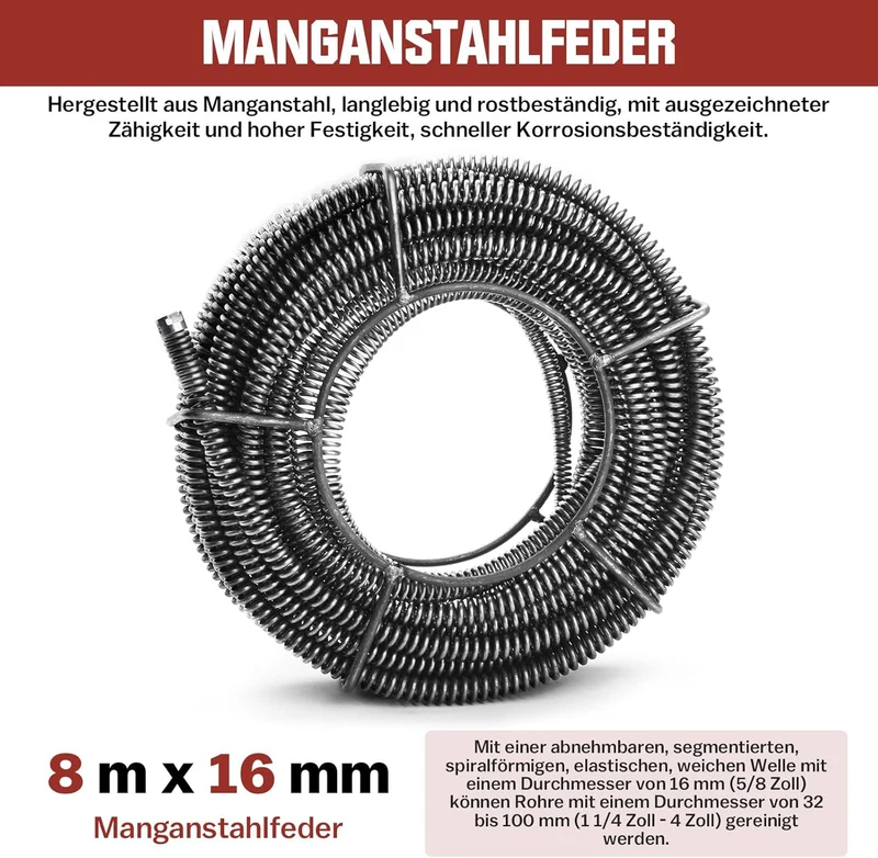 Ø 16 mm + 8 m Federspirale für Rohrbreite 32 bis 100 mm für Rohrreiniger