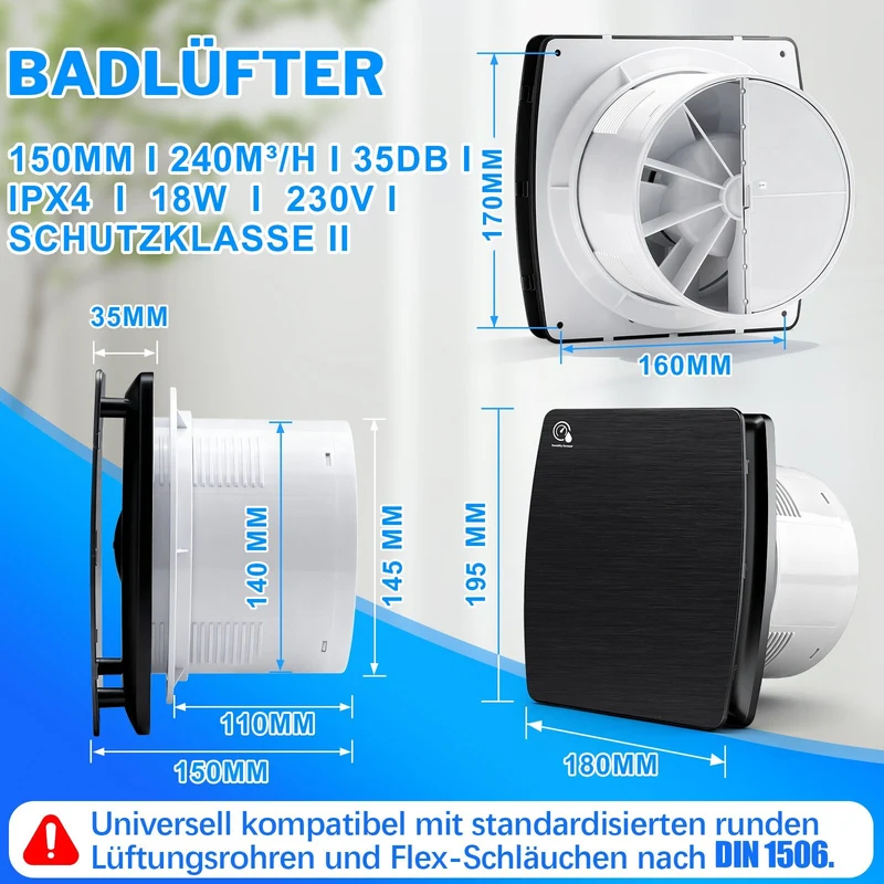 Automatischer Luftentfeuchter mit Feuchtigkeitssensor und Timer-Nachlauf – Leiser IPX4-Badlüfter für Bad, Dusche und Küche