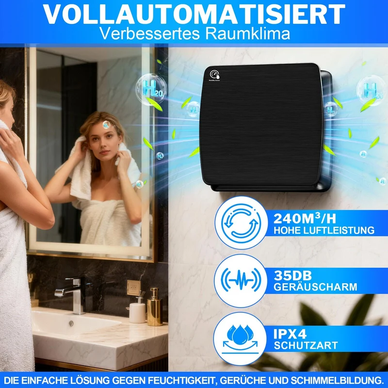 Automatischer Luftentfeuchter mit Feuchtigkeitssensor und Timer-Nachlauf – Leiser IPX4-Badlüfter für Bad, Dusche und Küche