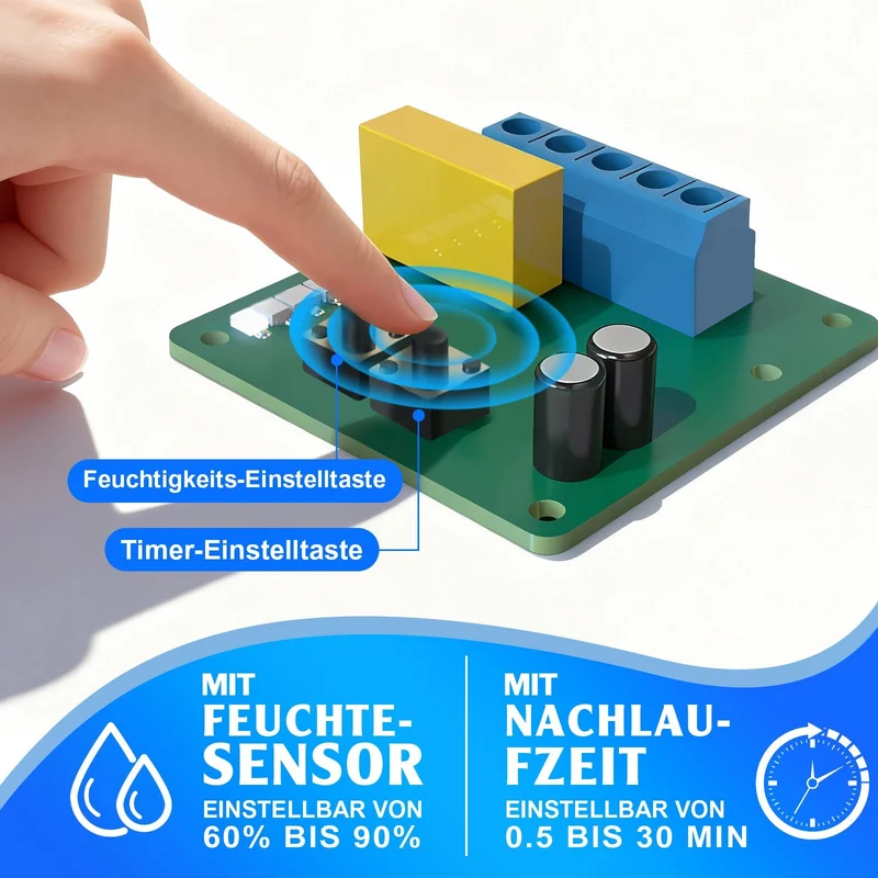 Automatischer Luftentfeuchter mit Feuchtesensor & Nachlauffunktion – Leiser Ventilator für Badezimmer & Küche, IPX4 Spritzwasserschutz