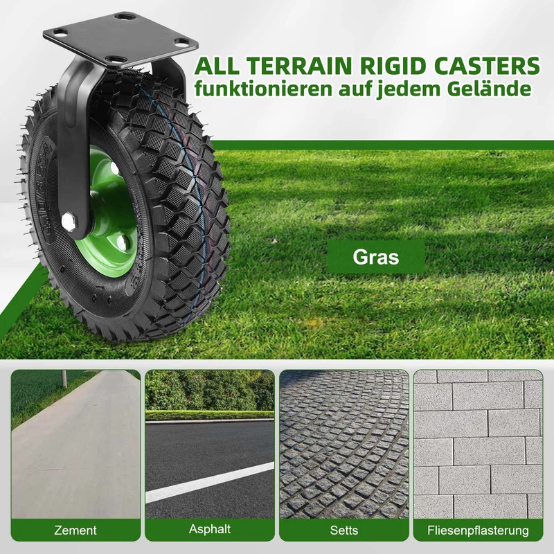 Schwerlast Rollen Set 4 Stück – 2× 360° Lenkrollen + 2× Bockrollen, luftgefüllt 250 mm, Vollgummi, geländegängig für Werkbank & Wagen