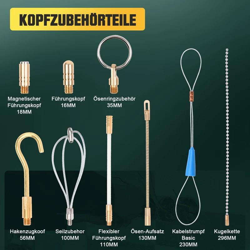 Kabeleinzugshilfe 12 m mit Zubehör | Glasfaser für Kabel 1–4 mm²