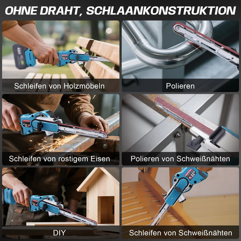 XIIW 18V Akku Mini-Bandschleifer bürstenlos | 100° schwenkbar für Holz & Metall (Solo - ohne Akku)