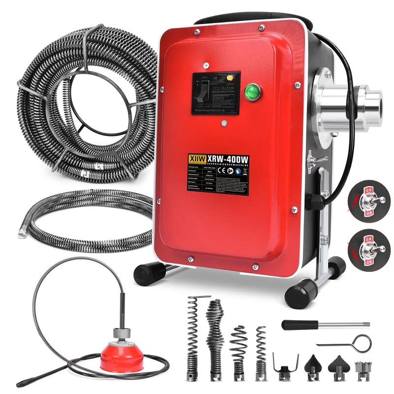 XIIW 400W Elektrische Rohrreinigungsmaschine mit FI-Schutzschalter | Abflussreiniger für Ø30-100mm Rohre | Profi-Set inkl. 8 Bohrköpfe & 24m Spiralen