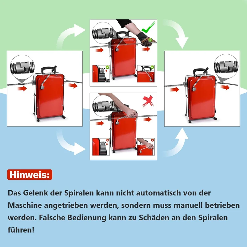 850W Rohrreinigungsmaschine mit 14m Ø22mm,14.5m Ø16mm, 5m Ø10mm Spirale für Ø20-200mm Rohrleitungen 450U/M