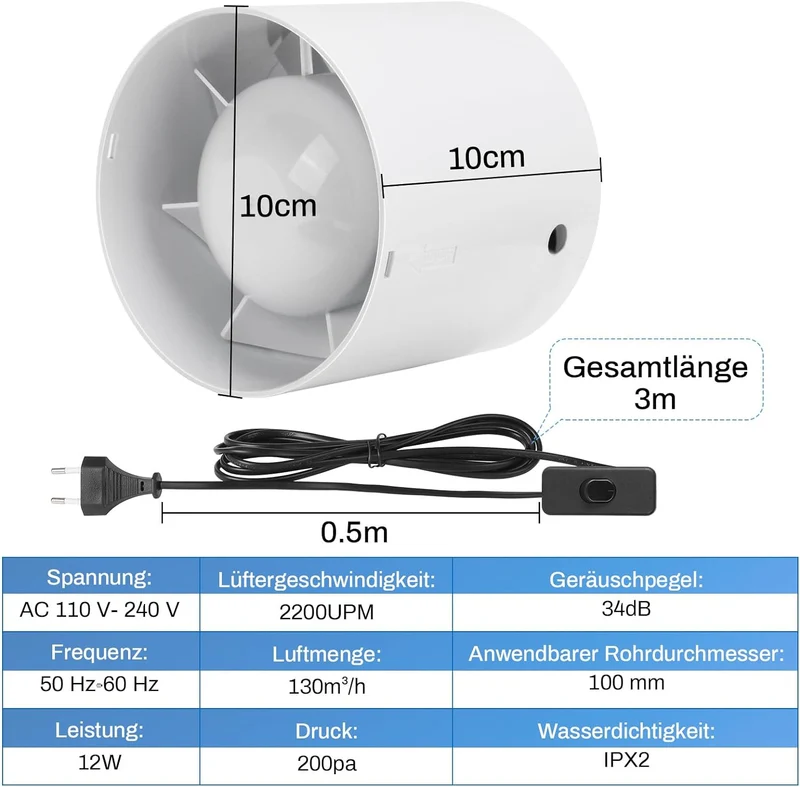 Badlüfter Ventilator 100mm – Leise, Effizient mit Rückstauklappe, Überhitzungsschutz für Badezimmer und Feuchträume