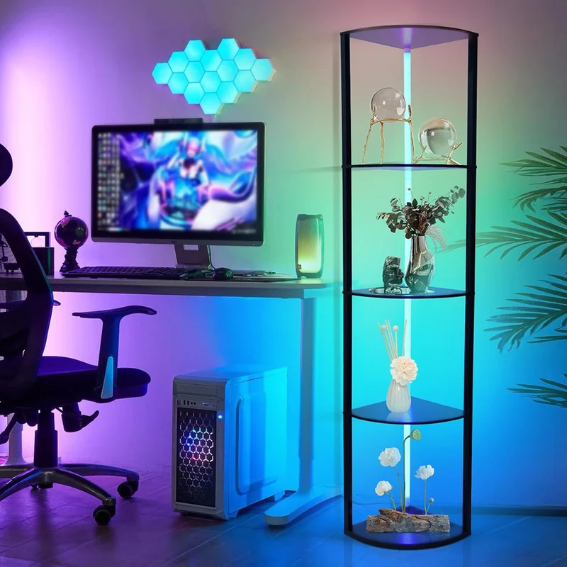 XIIW 5-Etagen Eckregal mit LED-Beleuchtung | 162cm Hocher Eckschrank mit App-Steuerung | RGB Farbewechsel Vitrine für Wohnzimmer & Büro