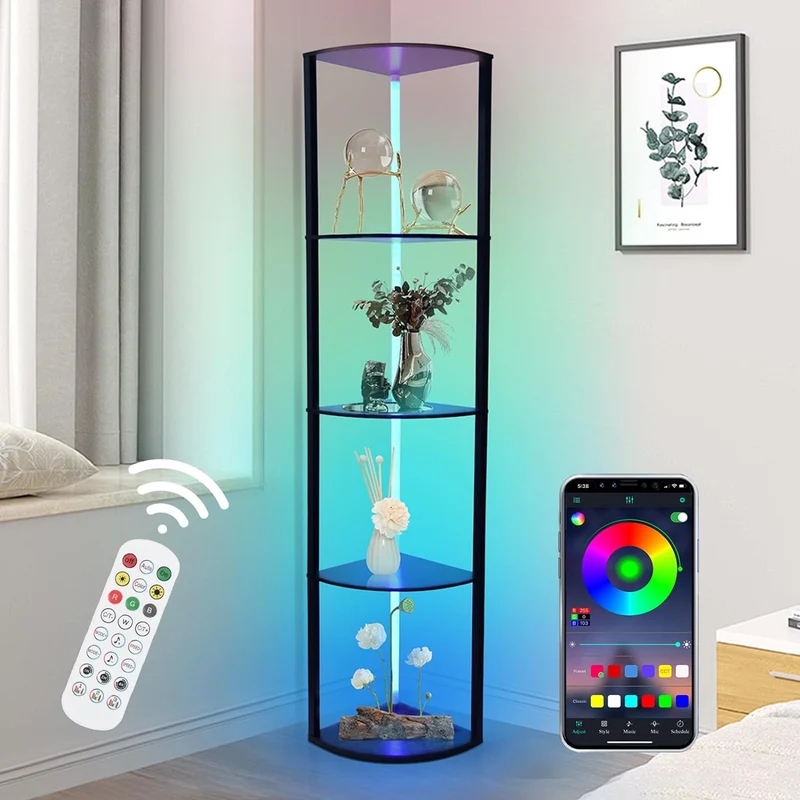 XIIW 5-Etagen Eckregal mit LED-Beleuchtung | 162cm Hocher Eckschrank mit App-Steuerung | RGB Farbewechsel Vitrine für Wohnzimmer & Büro