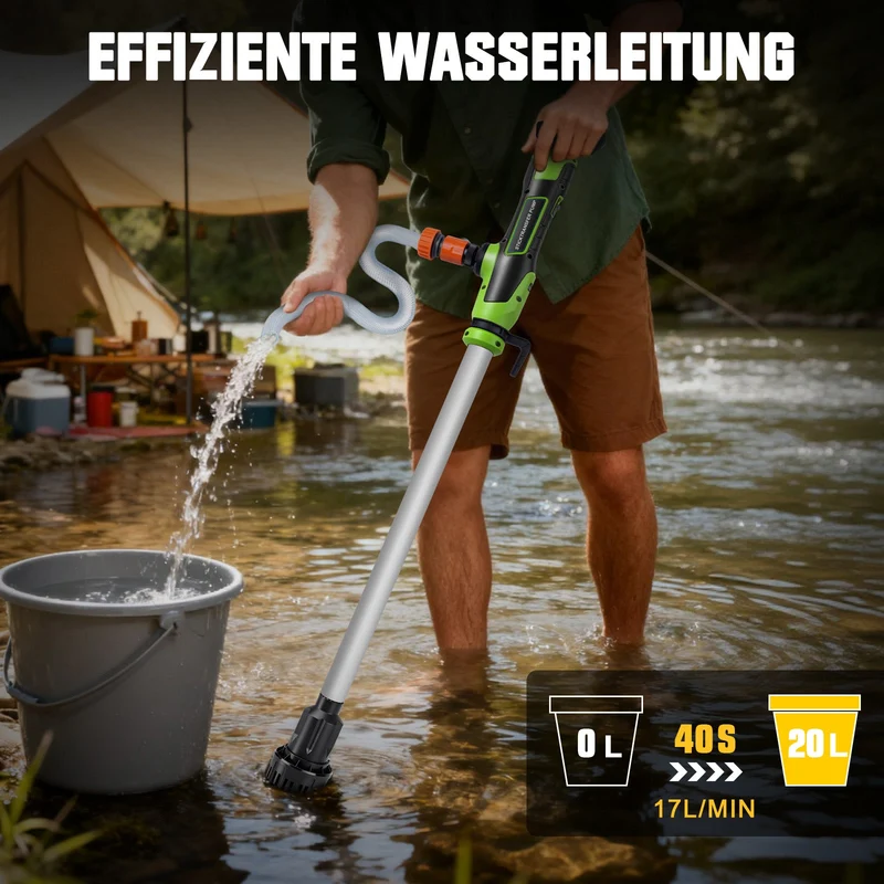 Kabellose Akku Regenfasspumpe – Wassertransferpumpe 50 L/min, 10m Förderhöhe, tragbare 18V Pumpe