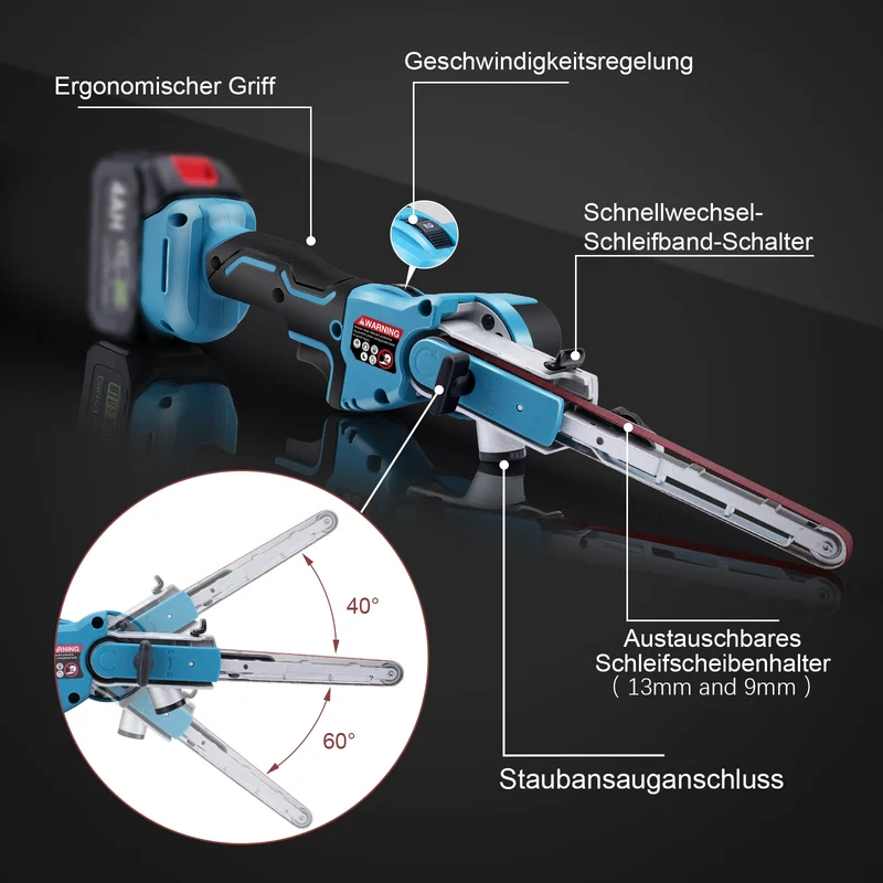 XIIW Akku Bandfeile Bürstenlos, Mini Bandschleifer 9/13×457 mm, 6 Stufen 260–630 m/min, 100° verstellbar, 2×2Ah Akkus