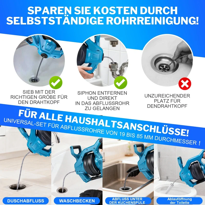 XIIW 20V Akku Rohrreinigungsgerät Set | 7,6m Spirale | inkl. 2 Akkus & Ladegerät für Ø19-85mm Rohre