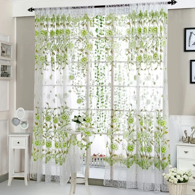 Home Office Window Curtain Flower Print Divider Tulle Voile Drape Panel Sheer Scarf Valances Curtains