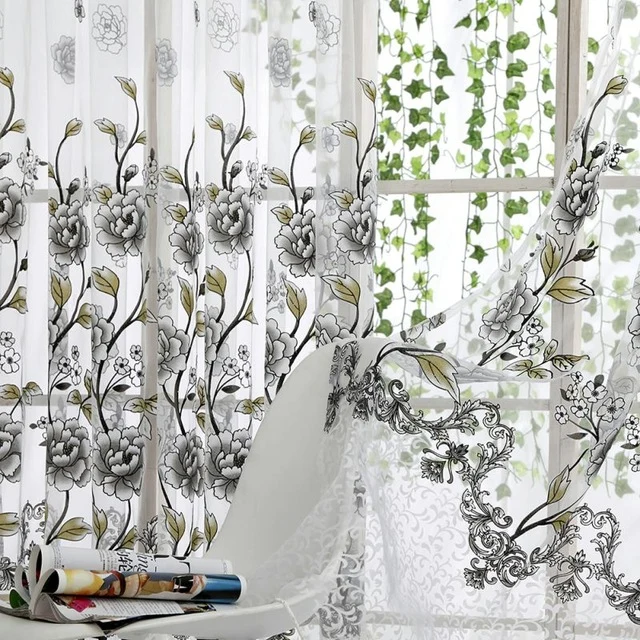 Home Office Window Curtain Flower Print Divider Tulle Voile Drape Panel Sheer Scarf Valances Curtains