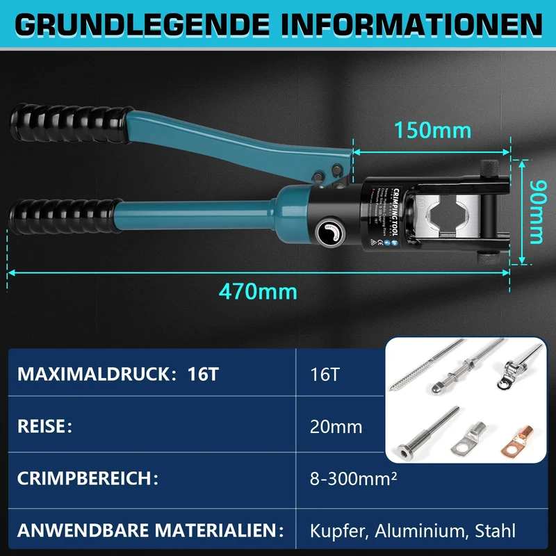 Hydraulische Crimpzange Set 8–300 mm² mit 13 Matrizen & Kabelschneider – Profi-Werkzeug für Elektrik, Industrie & KFZ