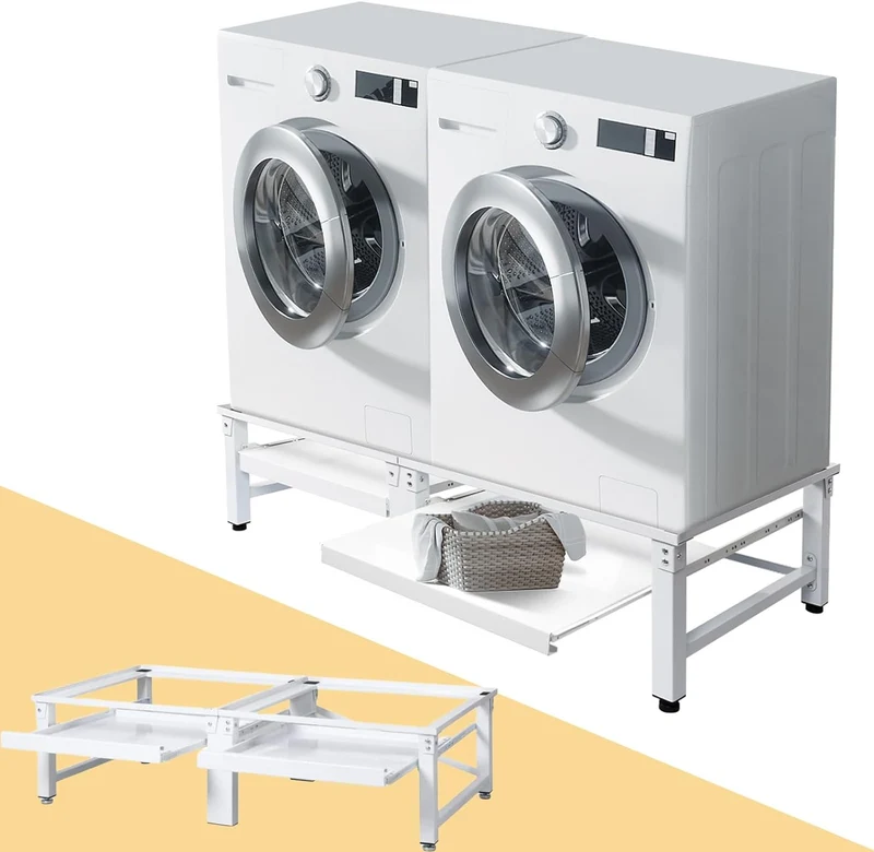 XIIW Doppel-Waschmaschinensockel mit 2 Ausziehablagen – 124 × 58,5 × 32 cm, Metall-Untergestell für 2 Geräte, bis 300 kg