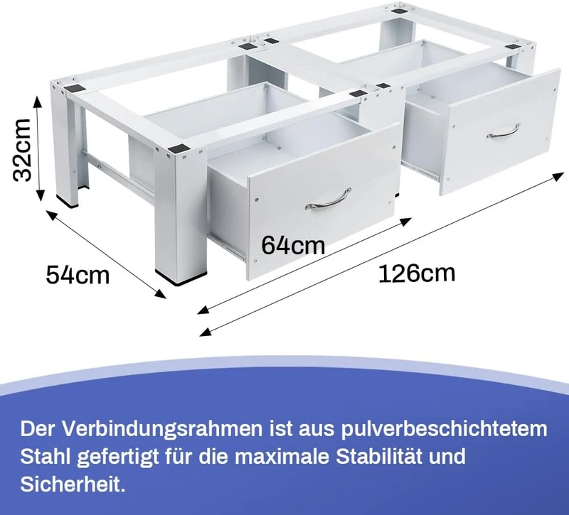 XIIW Doppel-Waschmaschinensockel mit 2 Schubladen – 126 × 54 × 32 cm, Metall-Untergestell für 2 Geräte, bis 300 kg