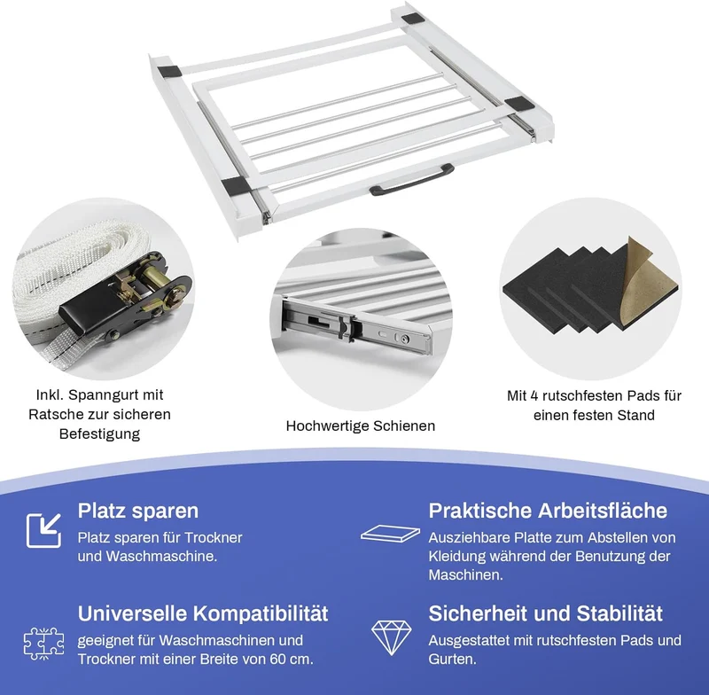 XIIW Waschmaschinen-Zwischenbaurahmen mit ausziehbarem Handtuchhalter – 61 × 55 cm, bis 100 kg, mit 5-m-Spanngurt