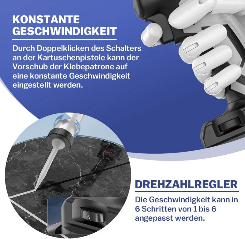 XIIW Elektrische Kartuschenpistole Set mit 2x Akku | 7840N Profi Silikonpistole für 310ml & 600ml | 25-tlg. Fugenwerkzeug-Set inkl. LED & Koffer