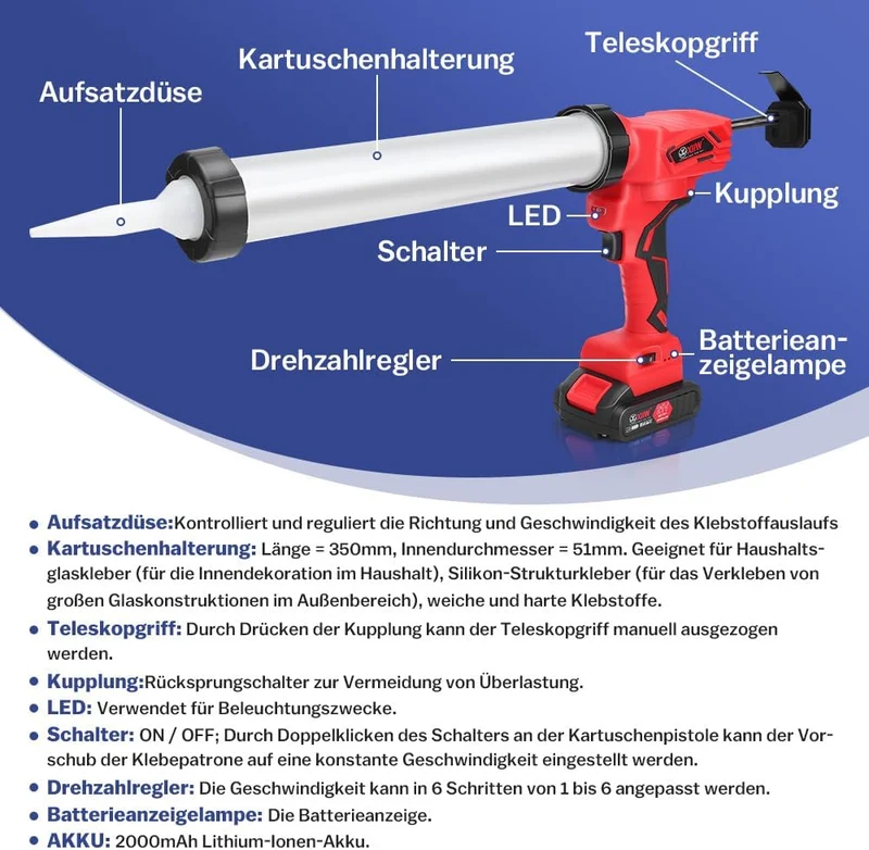 XIIW Elektrische Kartuschenpistole Set mit 2x Akku | 7840N Profi Silikonpistole für 310ml & 600ml | 25-tlg. Fugenwerkzeug-Set inkl. LED & Koffer