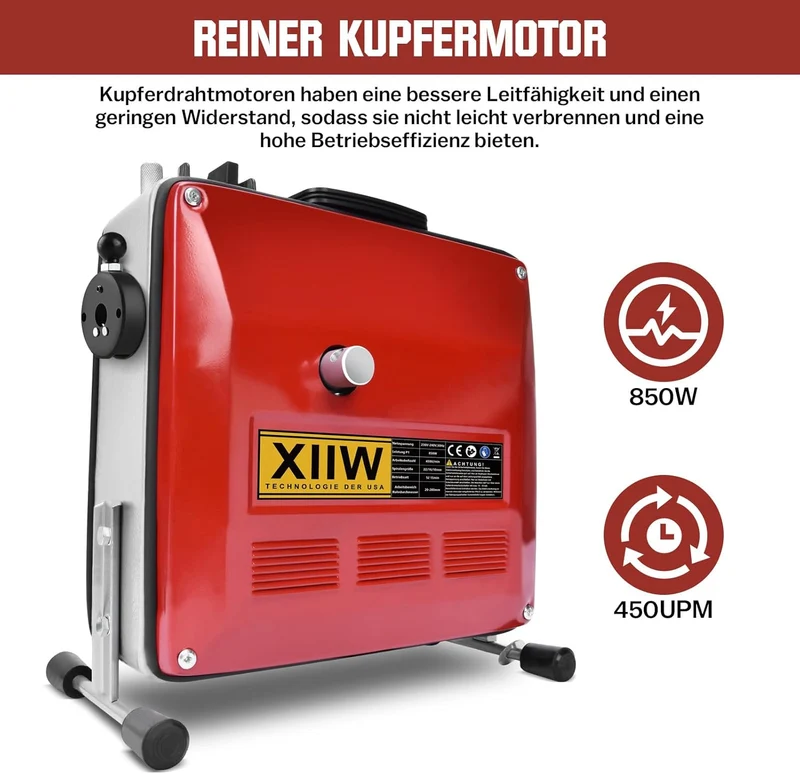 Rohrreinigungsmaschine 850W Set, Ø20-200mm Rohrleitungen, Spiralen 28/14,5/5m, 12 Köpfe