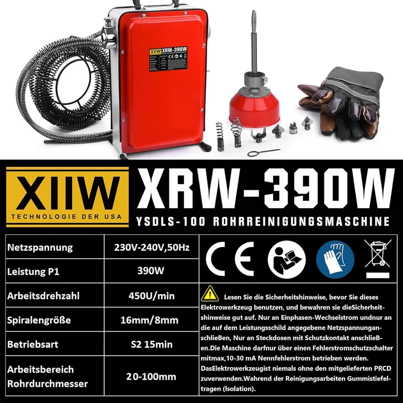 Rohrreiniger 390W mit 16mm 22,5M Spirale, Ø20-100mm Rohrreinigungsmaschine