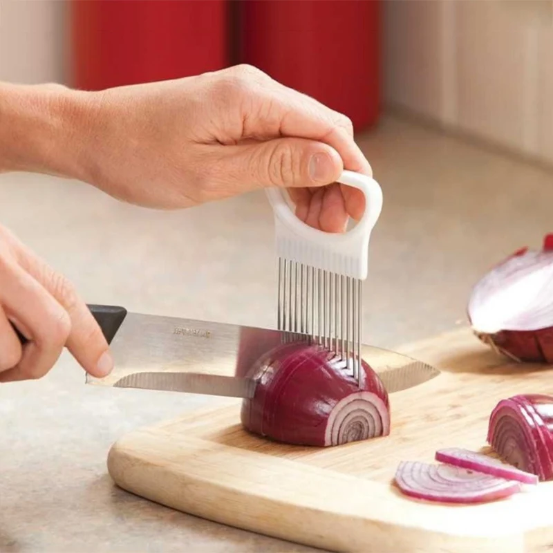 Kitchen Gadgets Handy Stainless Steel Onion Cutter Holder Potato Tomato Slicer Vegetable Fruit Cutter Safety Cooking Tools