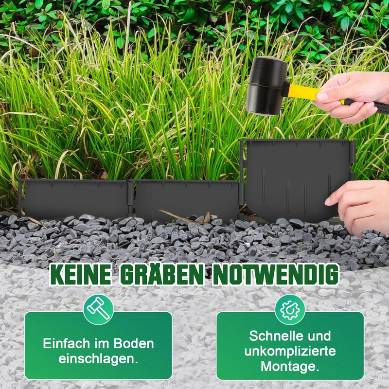 180 Stück Gartenrandstein Kunststoff Set – recyceltes PA66 GF30, UV- und frostbeständig, Stecksystem für Blumenbeete, Wege & Rasenflächen