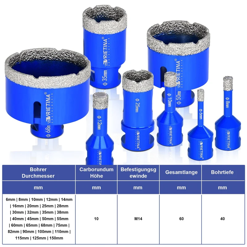 XIIW Diamantbohrkrone M14 für Winkelschleifer | Profi Fliesenbohrer Vakuumgelötet | Trockenbohrkrone für Feinsteinzeug, Granit & Beton