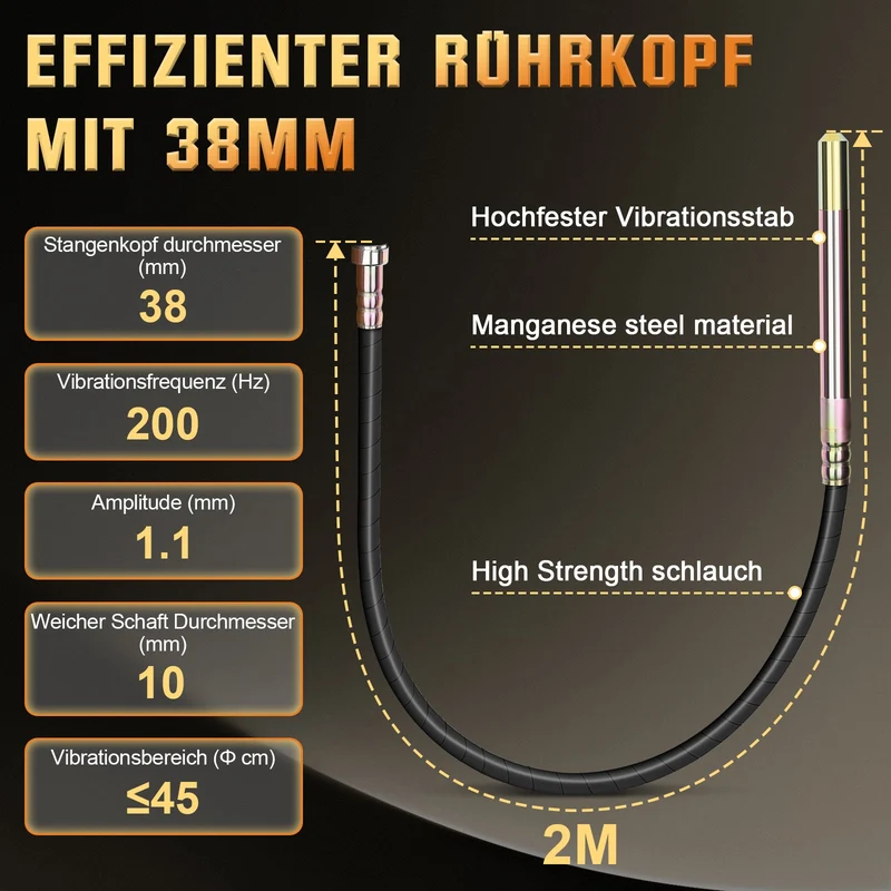 Betonrüttler 2100W mit 38 mm Vibrationskopf – Für Fundamente, Bodenplatten und Bauarbeiten