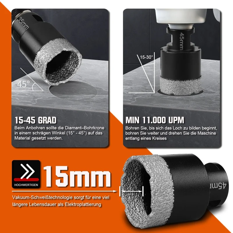 XIIW 11-tlg. Diamantbohrkronen & Trennscheiben Set M14 | Fliesenbohrer & Diamant-Trennscheibe 125mm | Profi-Set für Feinsteinzeug, Granit & Marmor