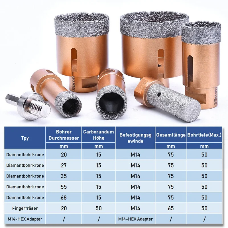 XIIW 8-tlg. Profi Diamantbohrkronen Set M14 | 20-68mm Fliesenbohrer, Fingerfräser & 125mm Trennscheibe | Vakuumgelötet für Feinsteinzeug & Granit