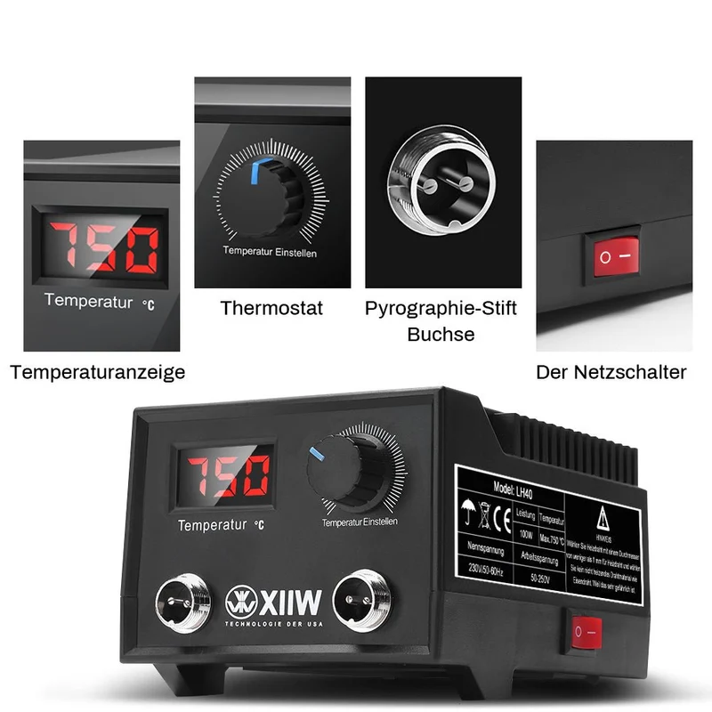 XIIW Pyrographie Set 100W mit 33 Brennspitzen, digitale Brandmalstation 0–750°C, Holzgravur Gerät für Holz, Leder, Kork und Bastelarbeiten