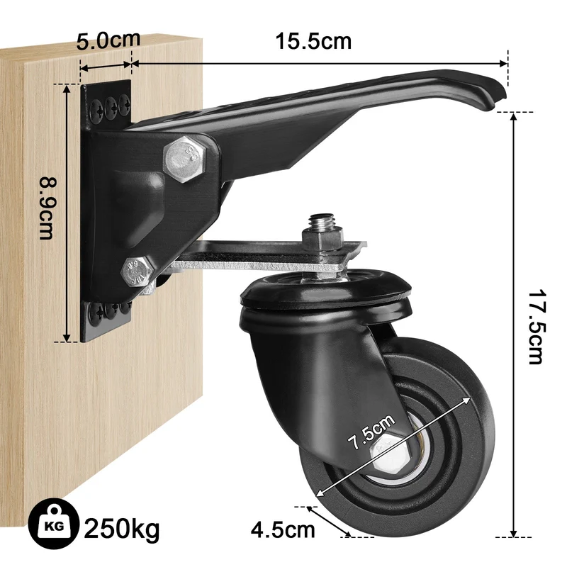 Schwerlastrollen absenkbar für Werkbank – 250kg Traglast, 75mm，360° Drehbar, Pedalmechanismus, Rutschfeste Fußpedale