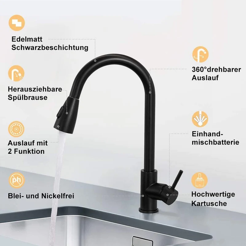 XIIW Spültischarmatur Mischbatterie | Einziehbarer Schlauch | 360° | mit Brause | Ausziehbar | 3 Sprühmodi|