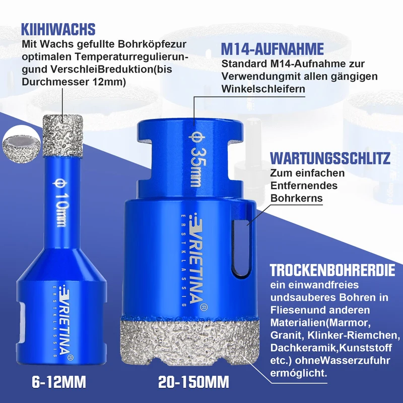 Diamant Trockenbohrer M14 – 16–150 mm für Fliesen, Granit & Feinsteinzeug – 23 Größen