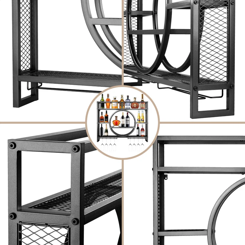 Luxus Schwarz Metall Weinregal| Wandmontage mit Glasaufhängung – Barregal für Küche & Wohnzimmer